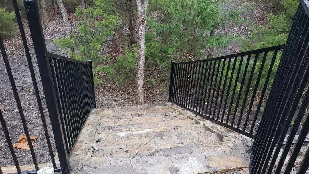 Stone steps with black metal railings leading down to a wooded area with trees.