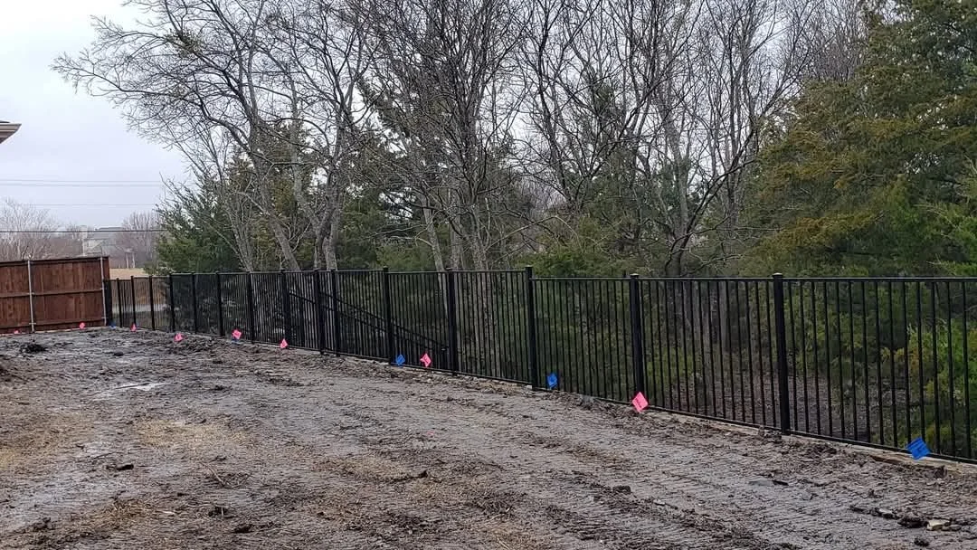 Newly installed black metal fence along a backyard with dirt ground and leafless trees in the background.