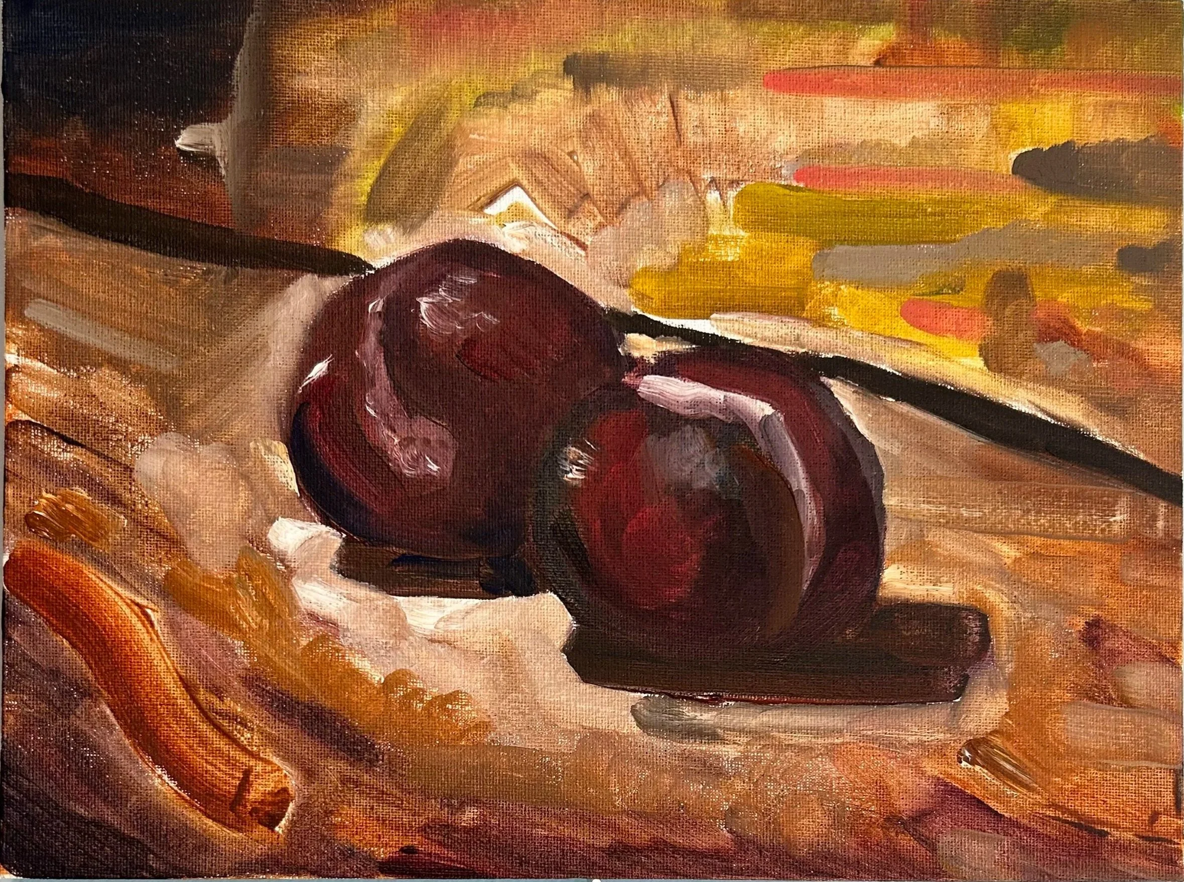 Plum study #2 (2025). Oil on canvas board. 9x12" - $200.