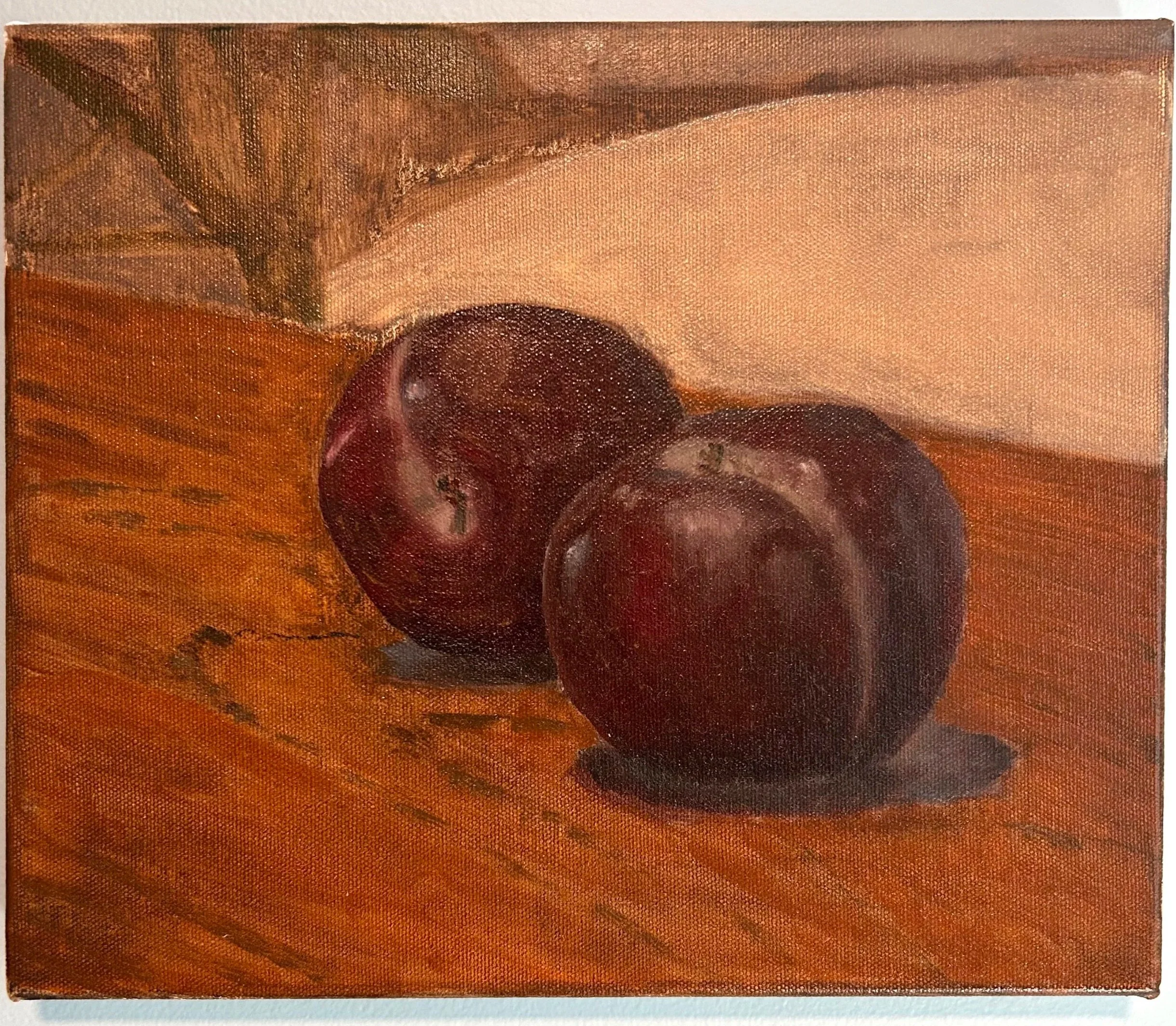 Plum study #1 (2025). Oil on stretched canvas. 12x10" (1" depth) - $200.