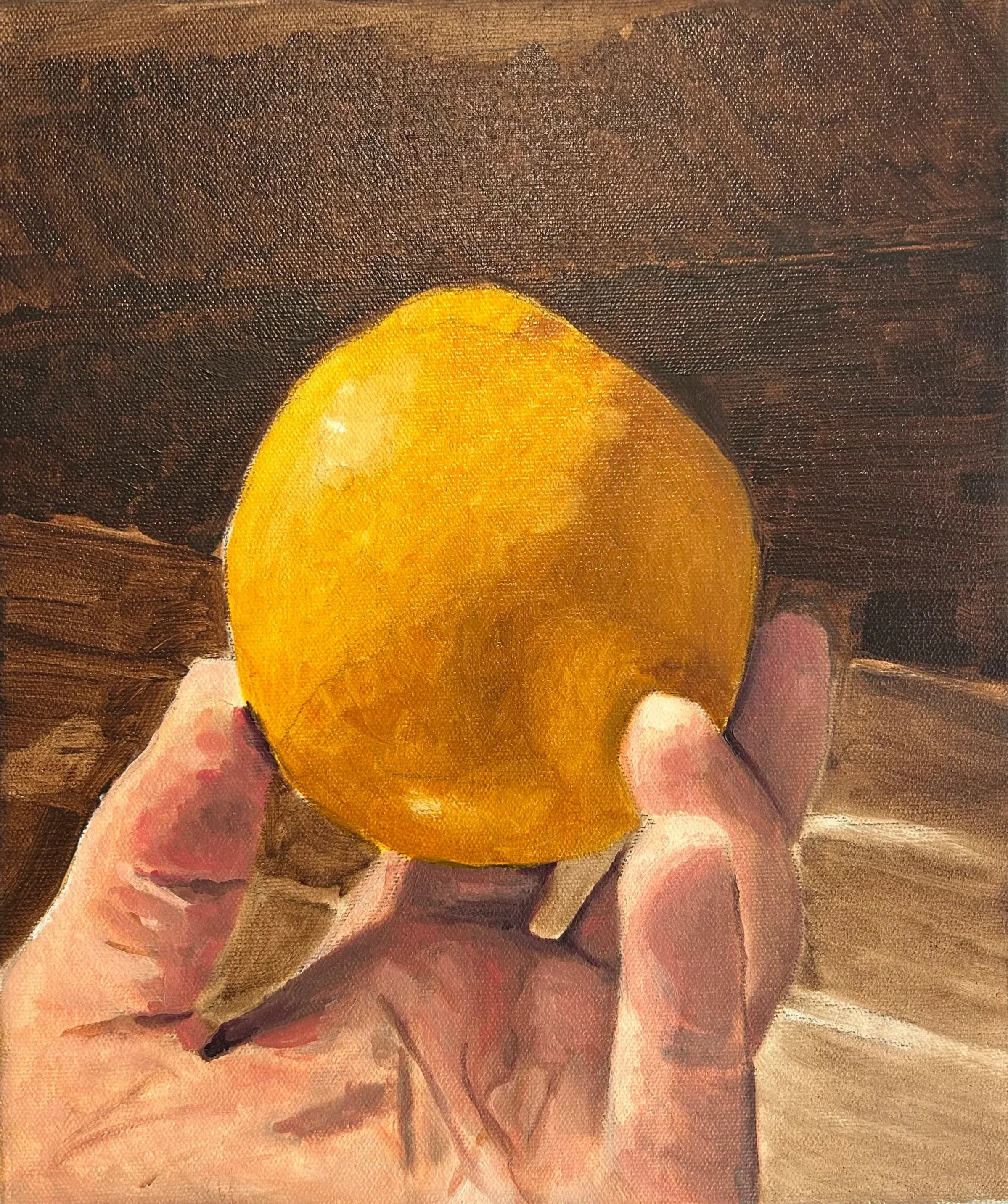Orange in hand. Oil on canvas. 10x12" (1" depth). 2024. In private collection.