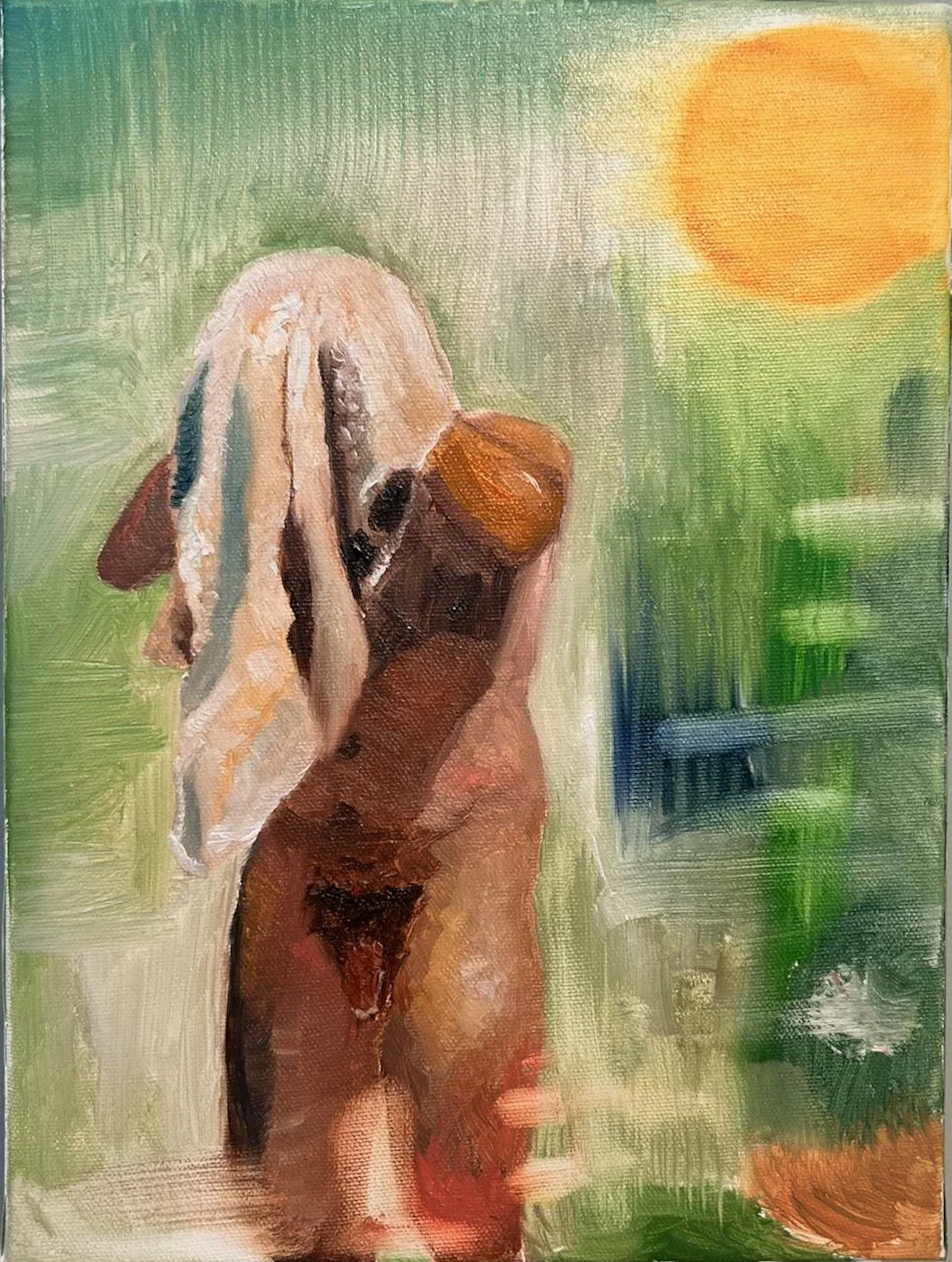 The artist at 36 hiding his head in a towel; 2026; Oil on canvas; 9x12", $200. SOLD