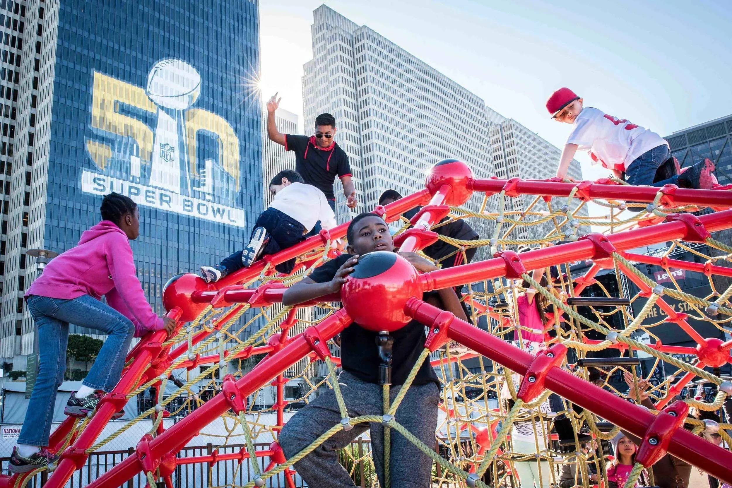 Children play at a park during the Super Bowl week in San Francisco.