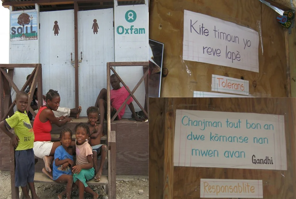  Photos from SOIL: Children in front of the IDP camp toilet and handwritten slogans 