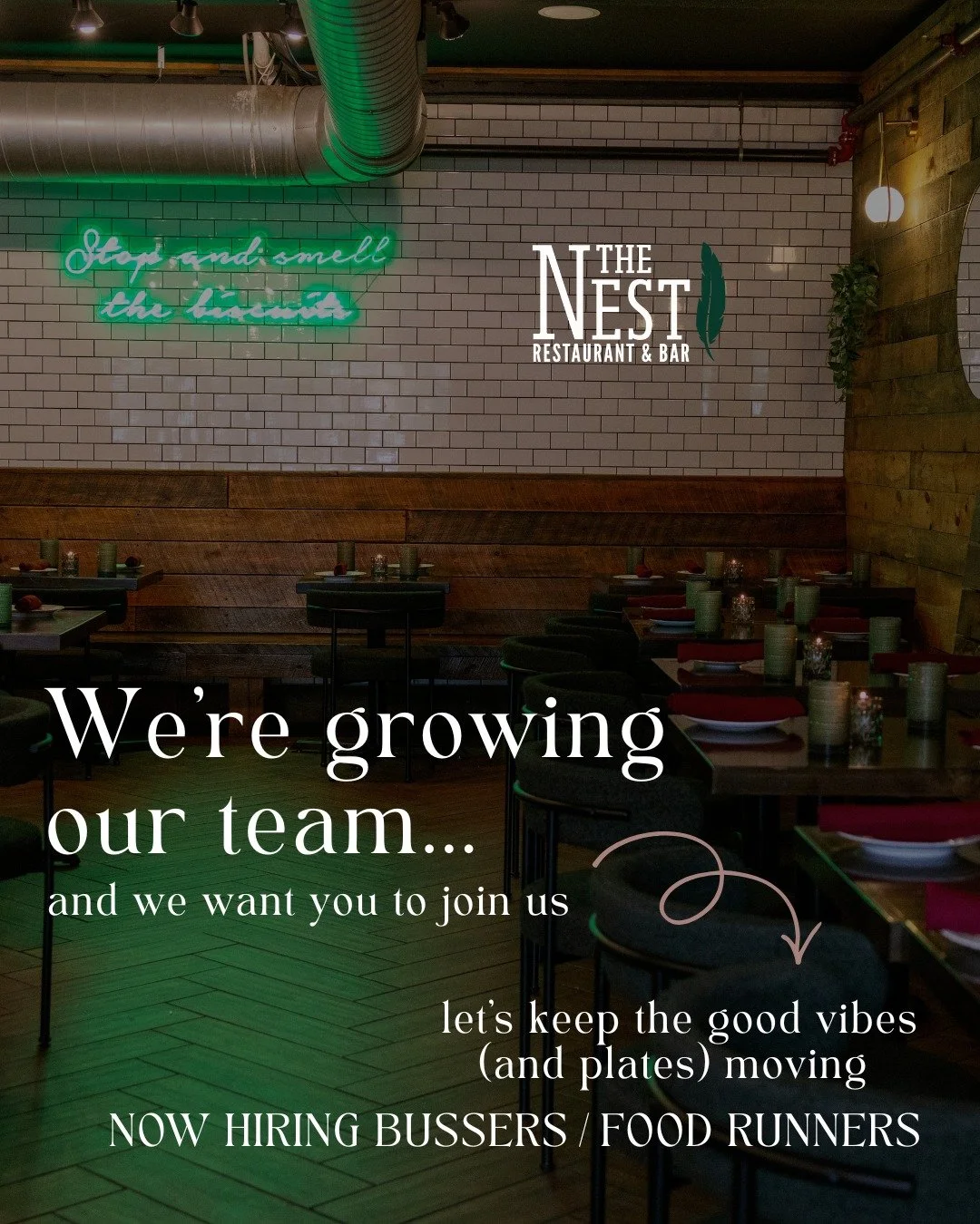 Bring the hustle, we&rsquo;ll teach the rest.

The Nest is hiring Bussers &amp; Food Runners to keep things flowing smoothly.

Ready to jump in? DM or email us to apply today.
