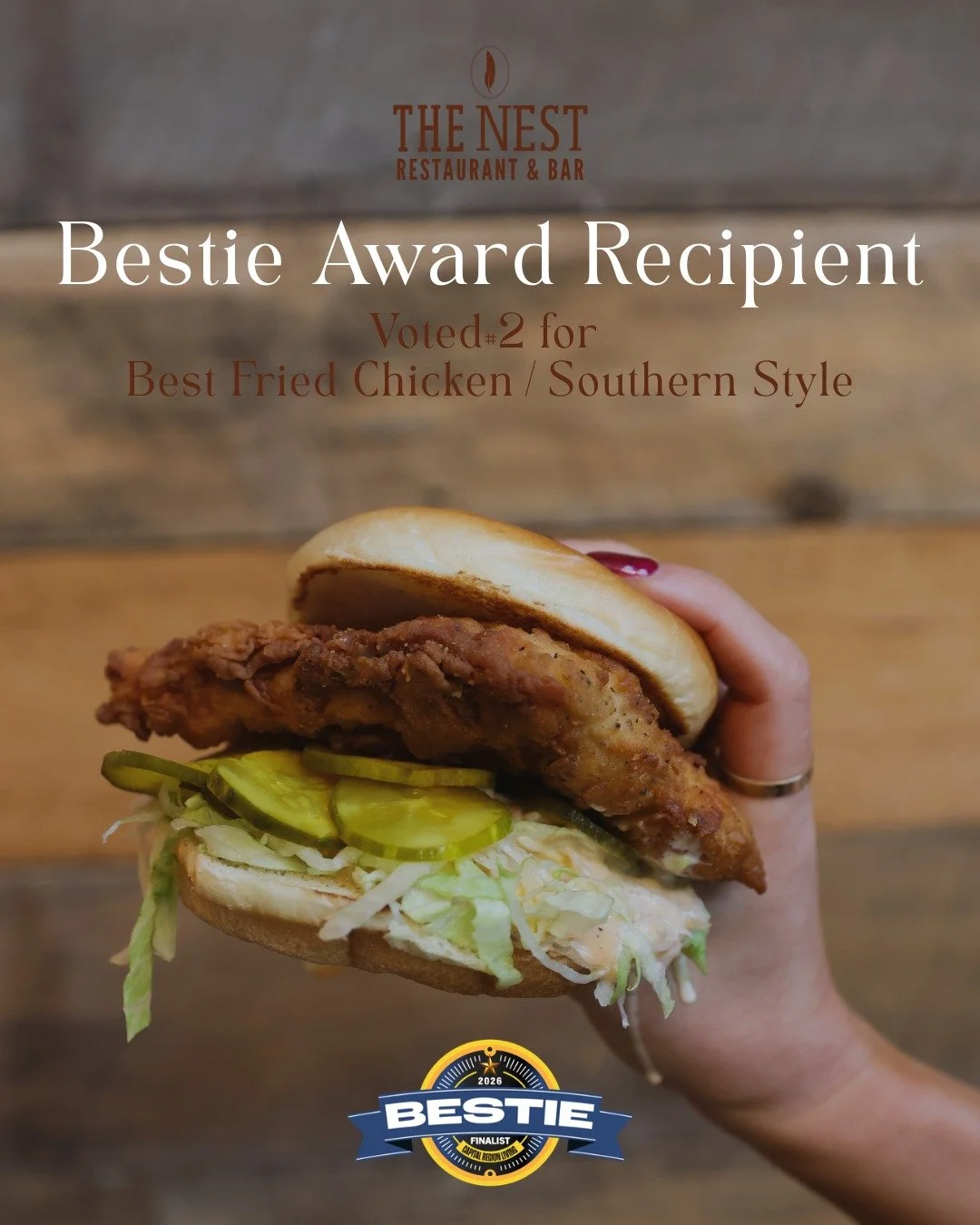 Southern comfort never goes out of style. 

Thank you for voting The Nest #2 for Best Fried Chicken / Southern Style. From our kitchen to your table, we&rsquo;re grateful for the continued support and excited to keep serving up your favorites .