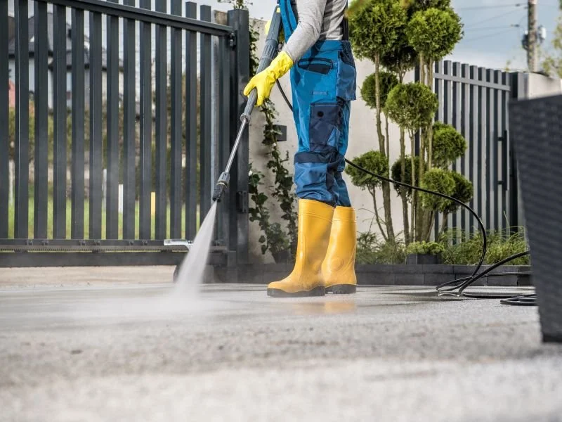 Person wearing yellow rubber boots, work gloves, and work clothes pressure washing a concrete surface outdoors near a metal fence and green plants.