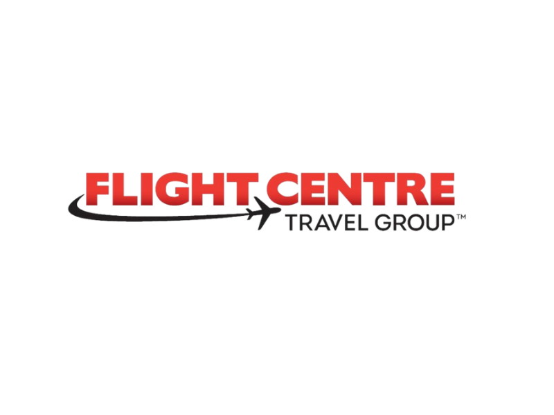 Logo for Flight Centre Travel Group with a red 3D text and an arrow circling around it, pointing to the words 'Travel Group' in black.
