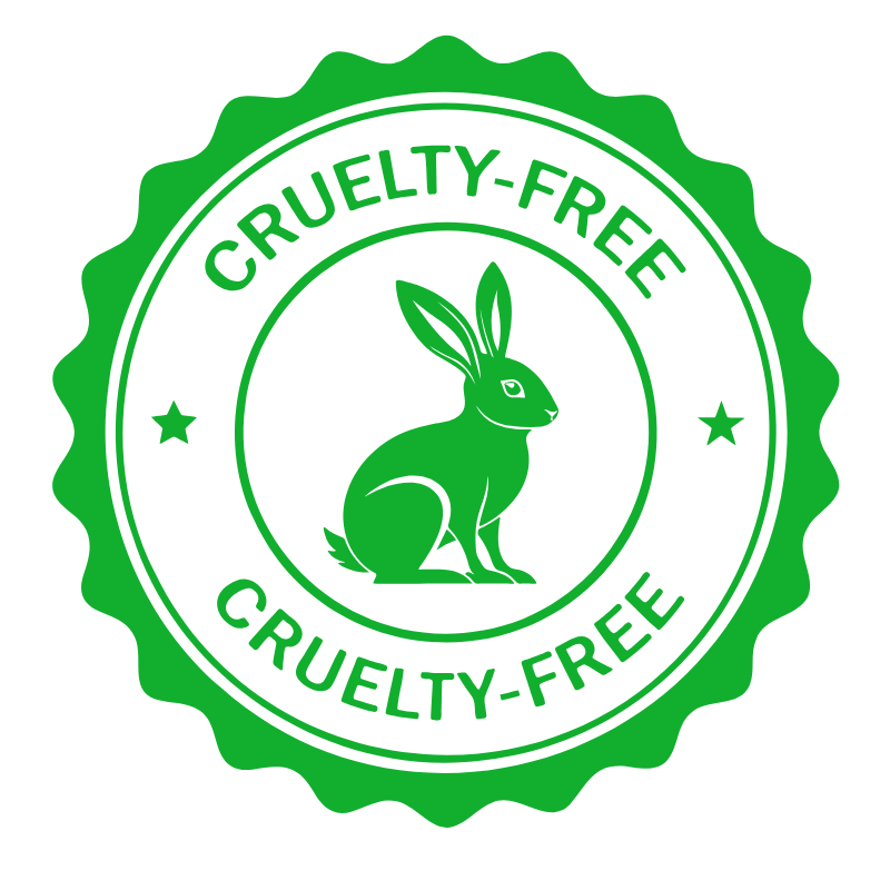 Green circular badge with a bunny in the center and the text 'Cruelty-Free' at the top and bottom.