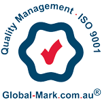 Seal with a checkmark, indicating ISO 45001 quality management certification, from Global-Mark.com.au