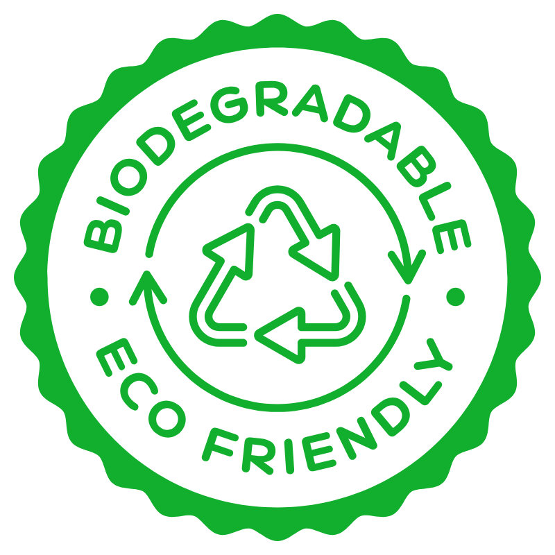 A green and black circular badge with the words "Biodegradable Eco Friendly" surrounding a recycling symbol in the center.
