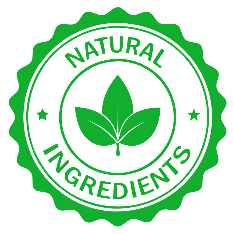 Green circular badge with scalloped edges, featuring a leaf icon in the center and the words "NATURAL INGREDIENTS" around it.