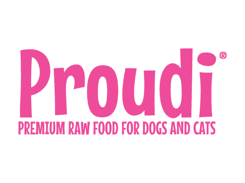 Logo for Pruidi, a brand selling premium raw food for dogs and cats, with the text in pink on a black background.