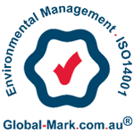 Environmental Management System ISO 14001 certification badge with a checkmark inside a blue badge.