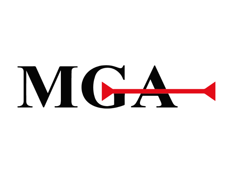 Black silhouette of a fish with a red arrow pointing to the right, overlaid on large black letters "MGA" in the background.