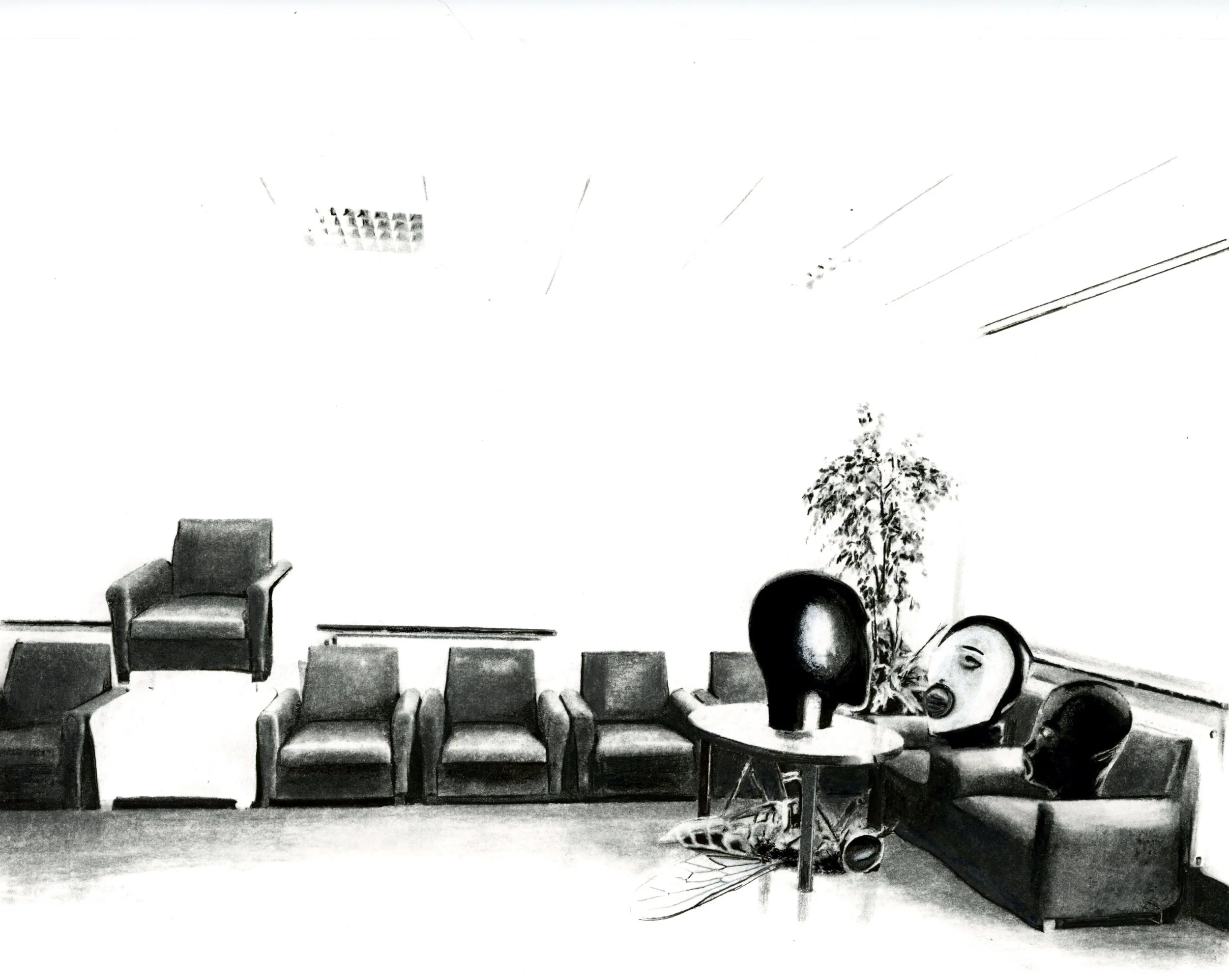 Stacy Howe, Surrealist Waiting Room Cliche, 2024, pencil, ink, & charcoal on paper, 8 x 11 inches