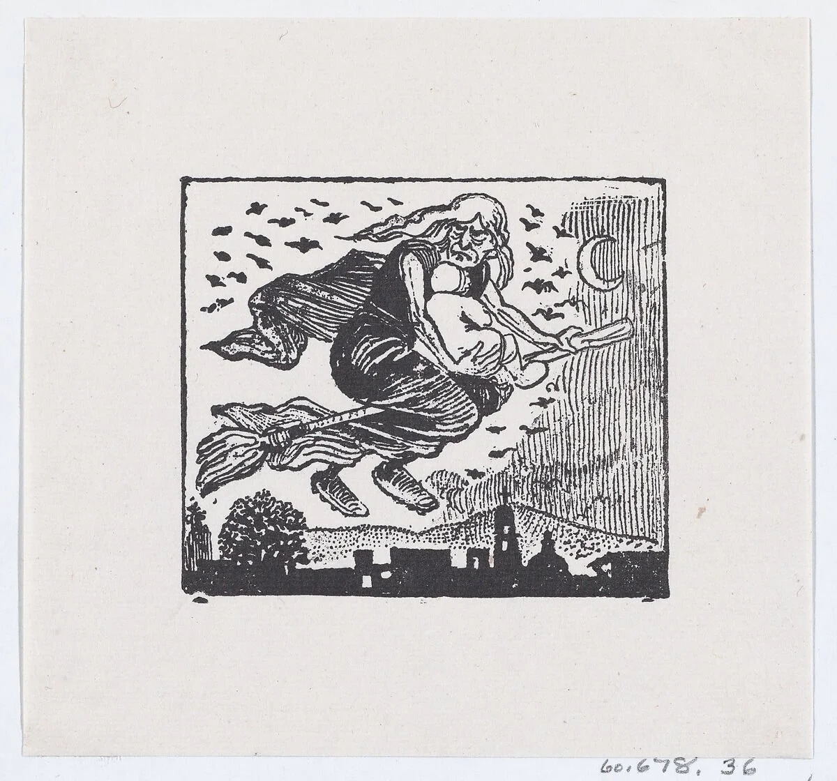 Jose Guadalupe Posada &bull; #joseguadalupeposada | A Witch Carrying A Child On Her Broom, c. 1880 - 1910, zincograph, 2 3/8 &times; 2 3/4 in. (image)

#printmaking #witch
