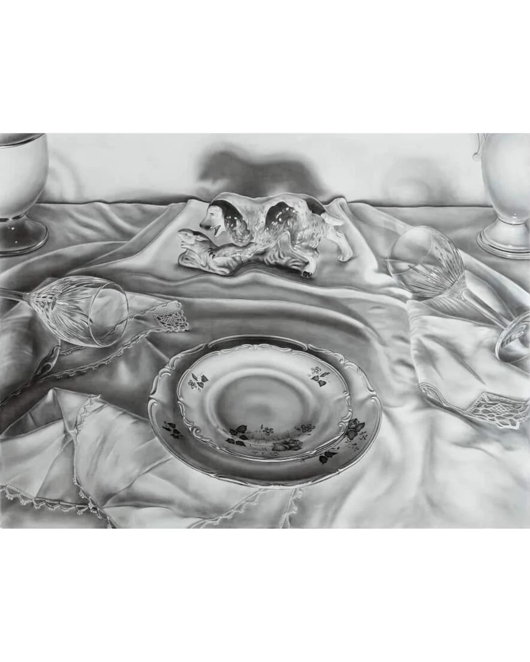 Katherine Vetne &bull; @kavetne | Savoir-Faire, 2025, Metalpoint (goldpoint and aluminum wool) and graphite on chalk ground, 36 x 48 inches

#drawing #metalpoint #graphite #blackandwhite #stilllife