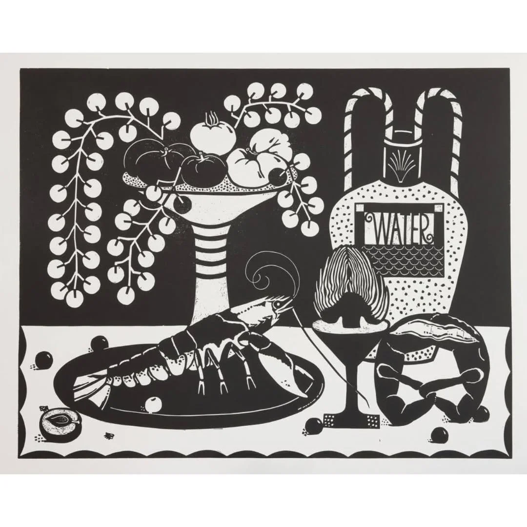 Allie Webb &bull; @alliewebb | Still life with Crustacean, Linocut relief print on Hahnemuhle, 37 x 31 inches

#printmaking #linocut #lobster #crustacean #stilllife
