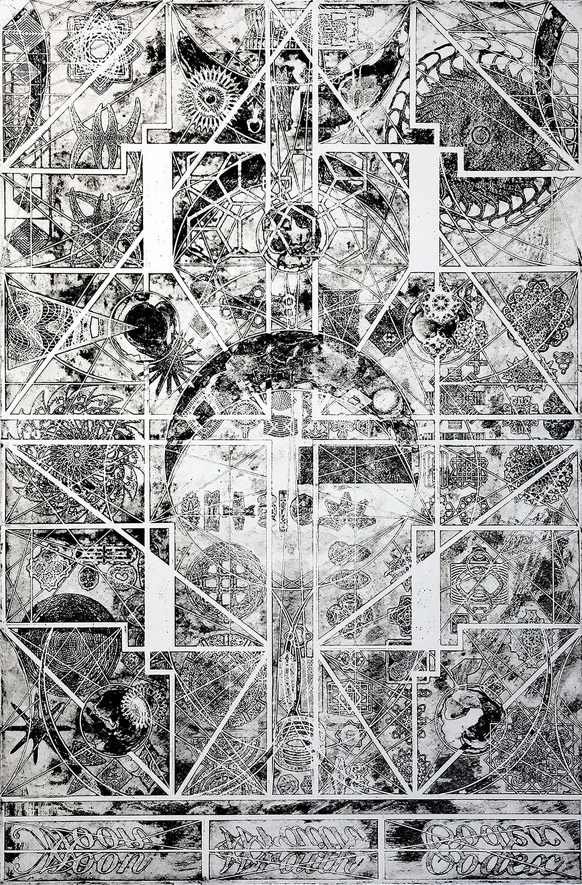 Johnny Adimando, Moon Wraith Codex, 2018, copperplate etching and intaglio on paper, 24 x 36 in.