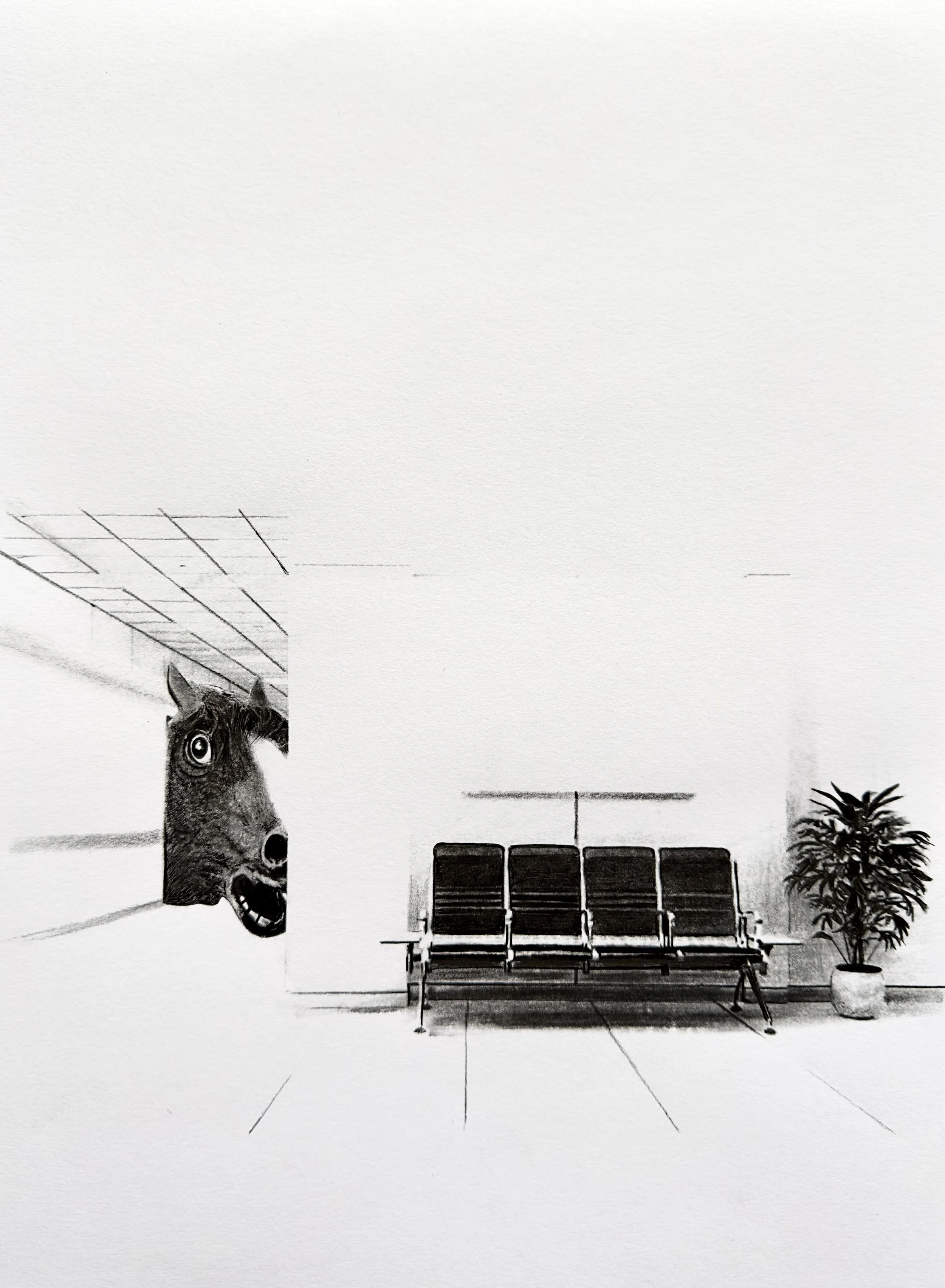 Stacy Howe, Horse Portal in the Office, 2024, pencil & ink on paper, 11 x 8 inches