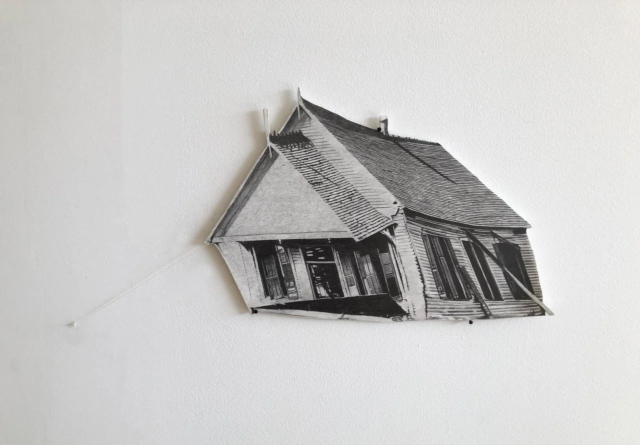 Rebecca Jansson, Drawing #5 (Leaning House), 2025, Graphite pencil on paper mounted on 3 mm mdf, 12 x 20 inches