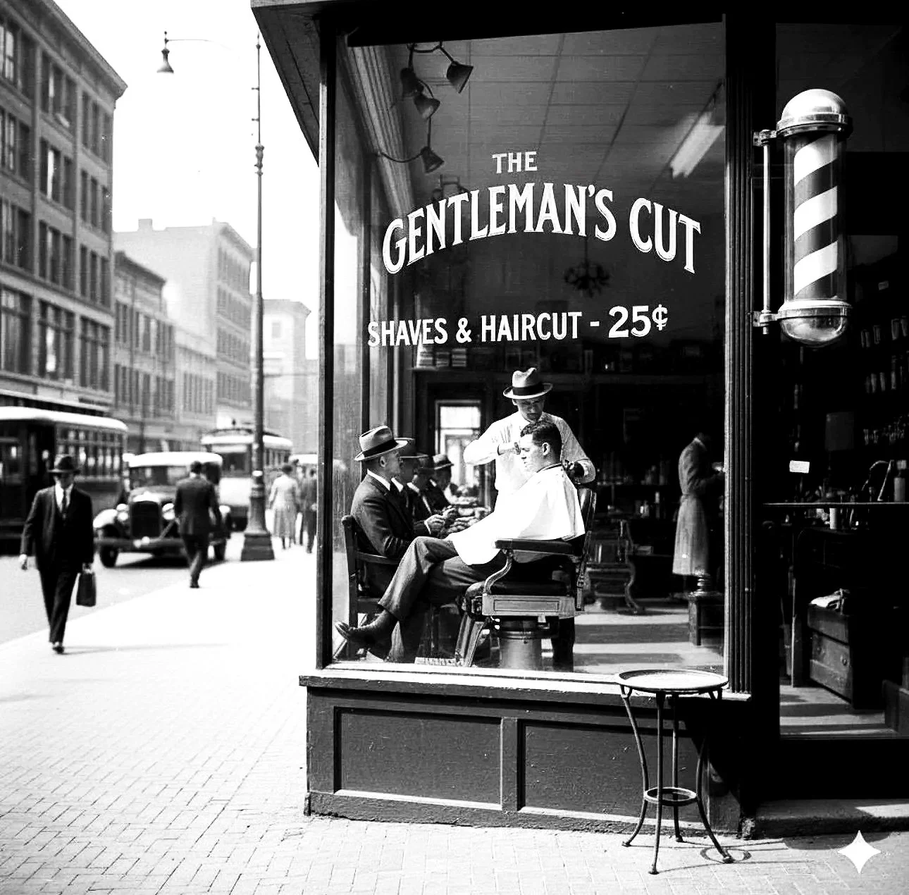 A vintage barber shop storefront with signs advertising 40-cent haircuts and 25-cent shaves, featuring a barber pole and a person waiting outside.