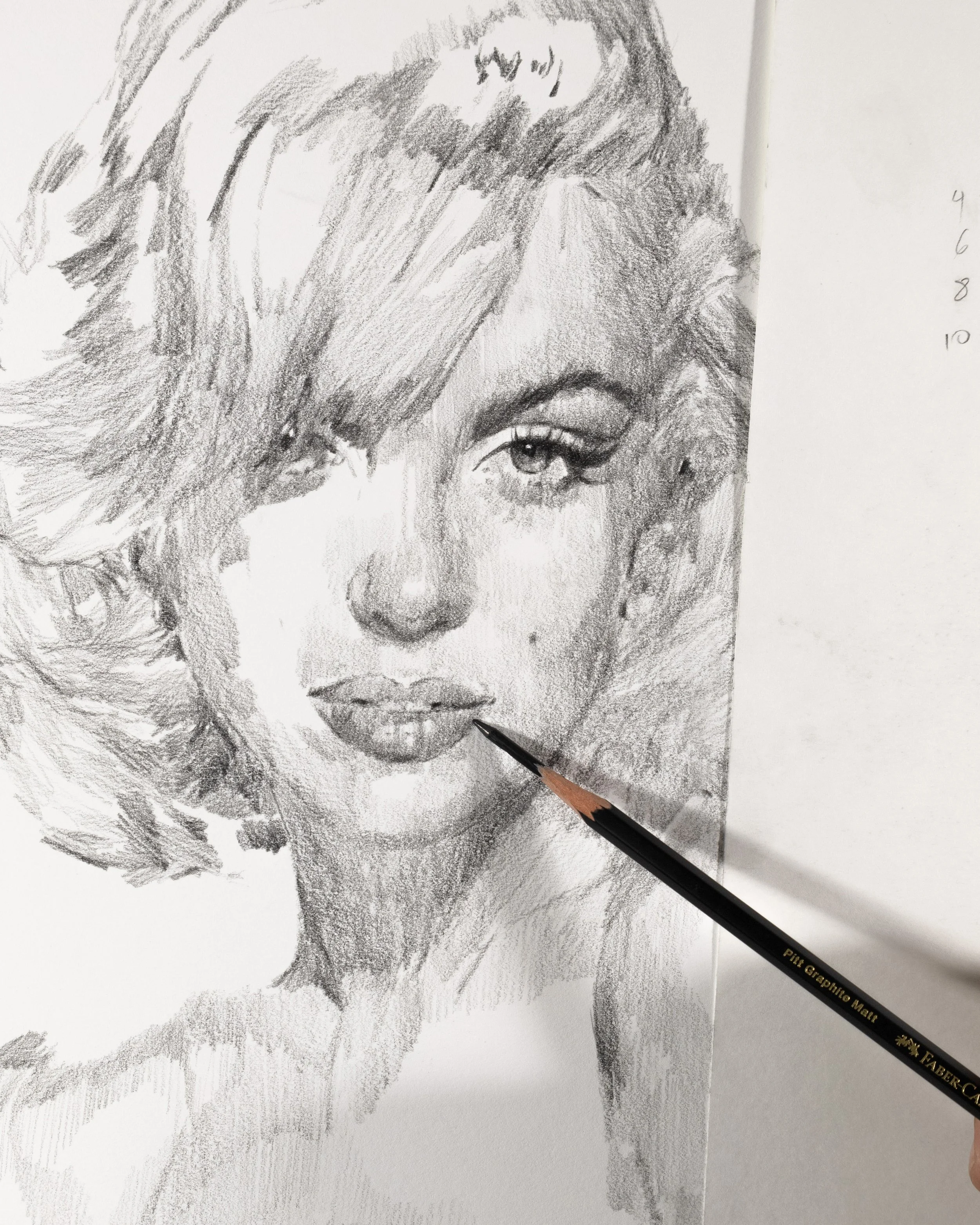A detailed pencil sketch of a woman with wavy hair, partly covering her face, with a hand holding a pencil in the process of shading her lips.