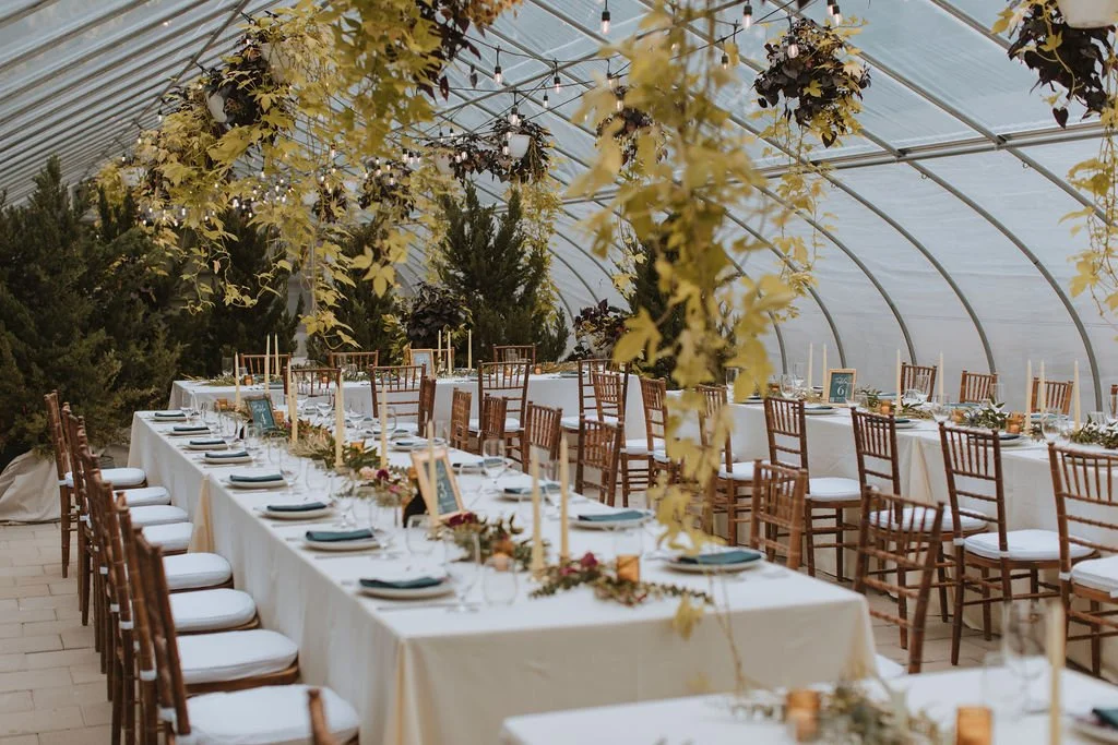 Long banquet tables set up for an event inside a greenhouse with hanging plants and string lights.