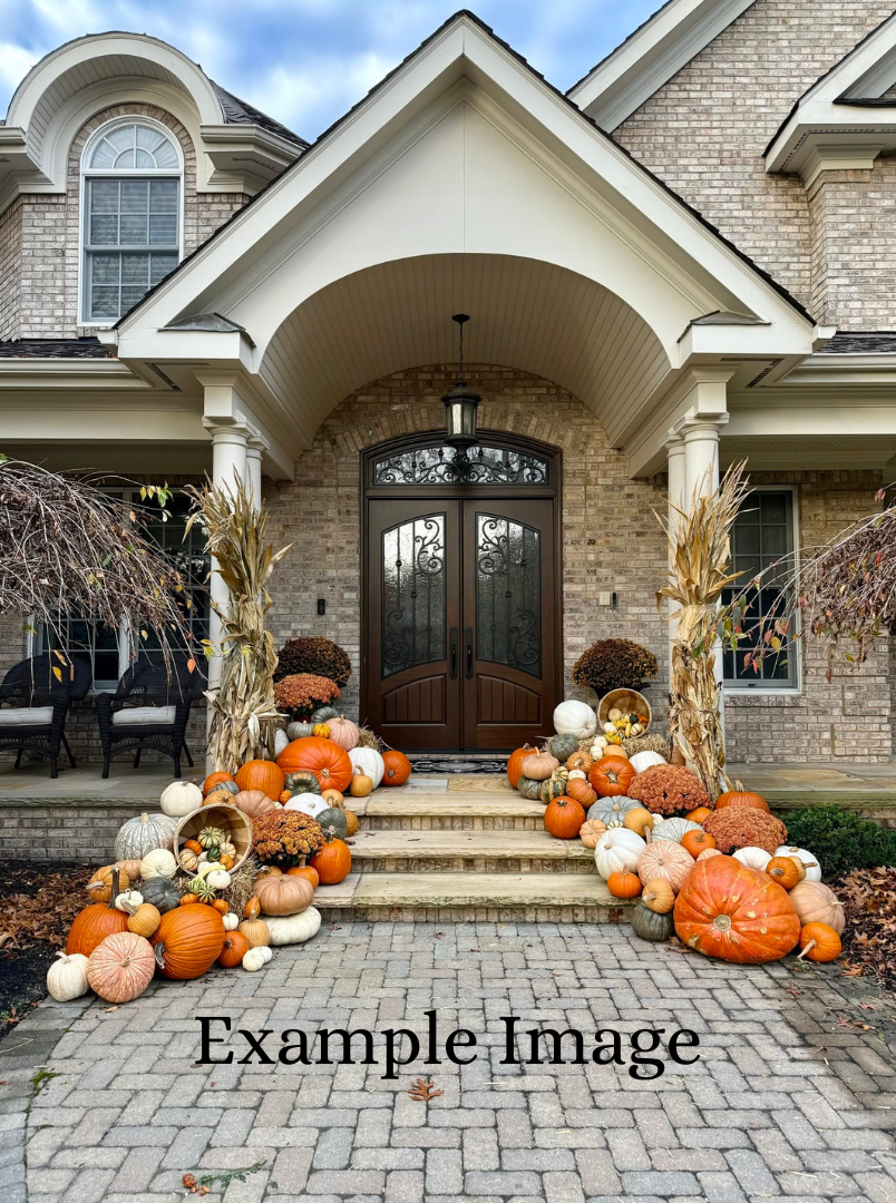 Front porch decorated with pumpkins and fall plants leading to a large house with brick exterior and arched doorway.