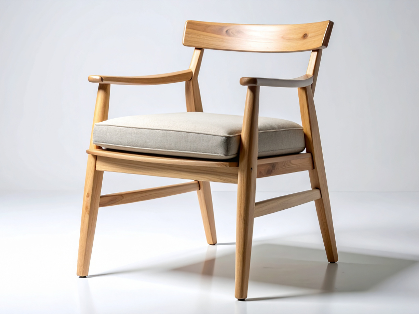 Wooden armchair with light beige cushion against a plain white background.