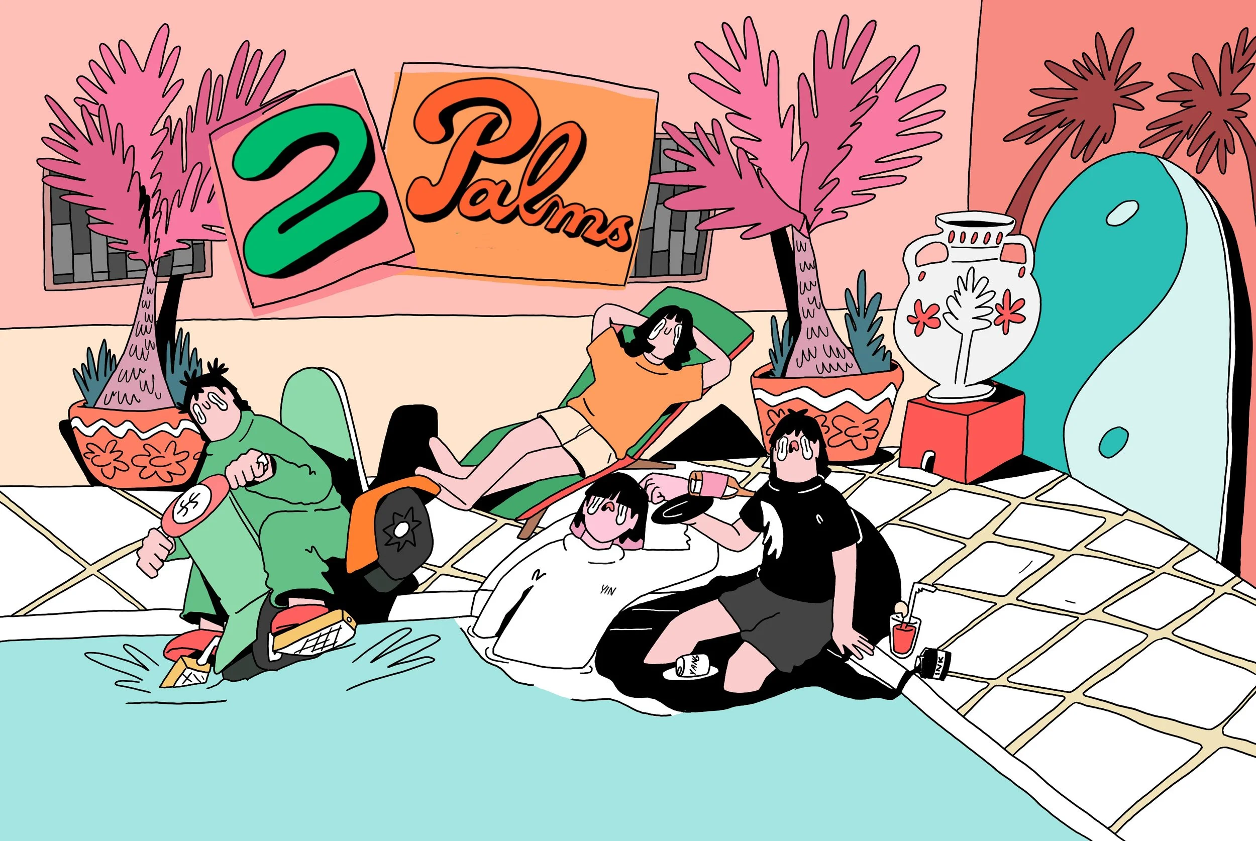 Four people relaxing and having drinks by a swimming pool in the Tropical Courtyard at Two Palms.