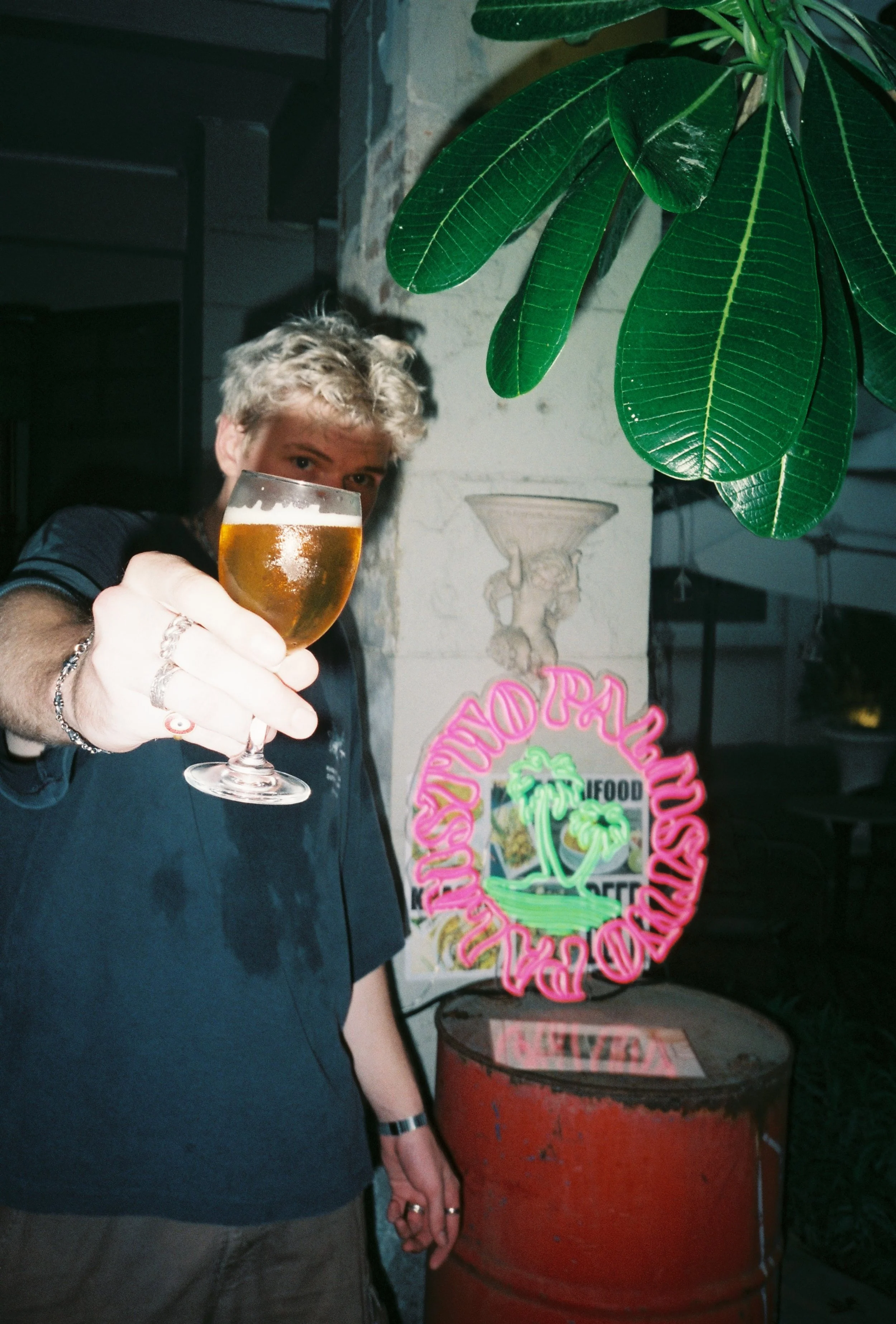 A person with curly blonde hair holding a glass of beer toward the camera. They are standing near a tropical plant and a neon sign that reads 'Hawaiian' with palm trees, on a building with a stone wall background.