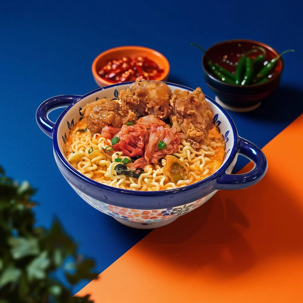Bowl of ramen noodles with fried chicken, topped with chopped green onions and chopped tomatoes, accompanied by side bowls of red chili sauce and green chili peppers on a colorful background.