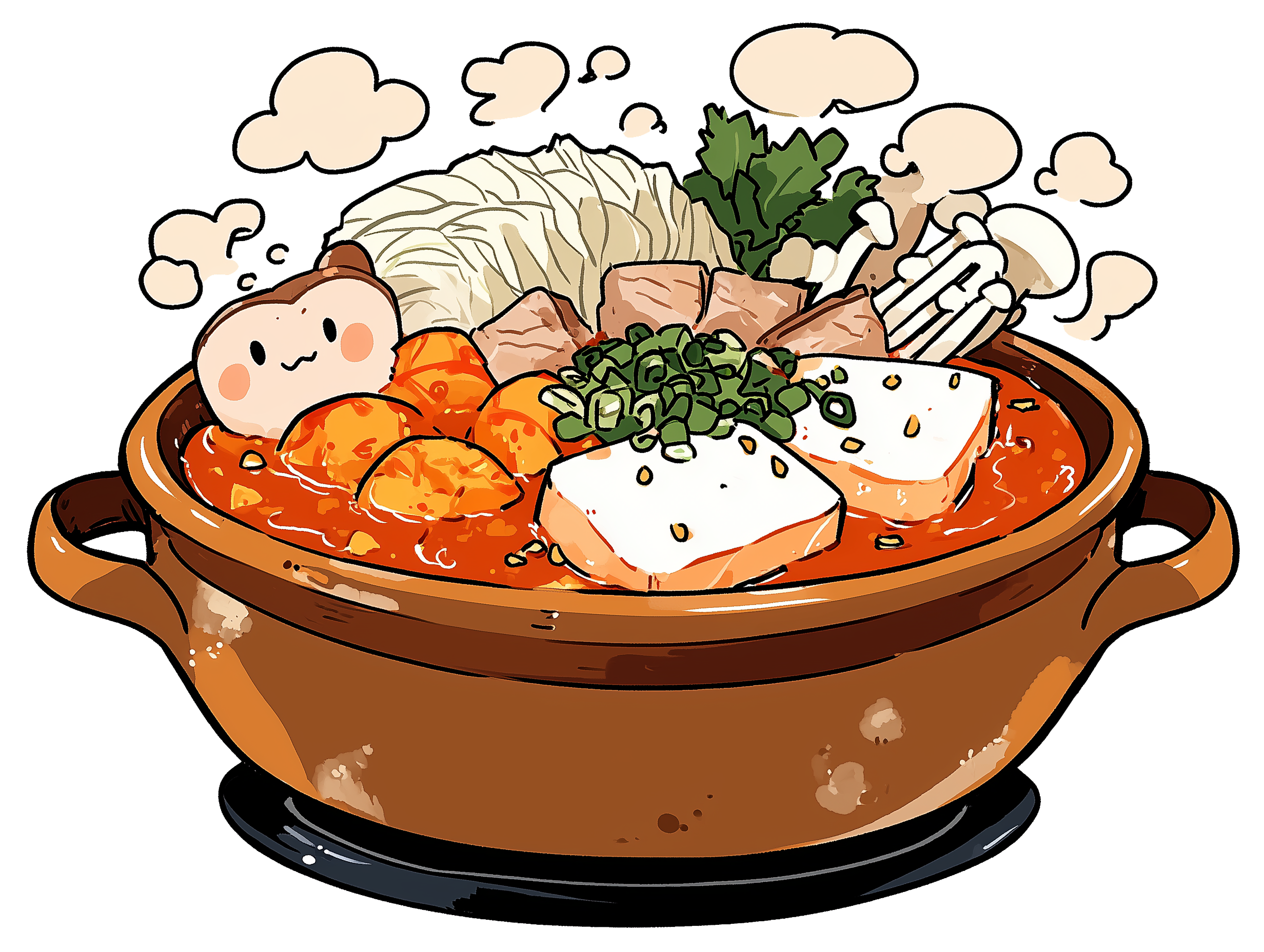Cartoon illustration of a spicy stew with tofu, vegetables, and garnishes in a brown clay pot.