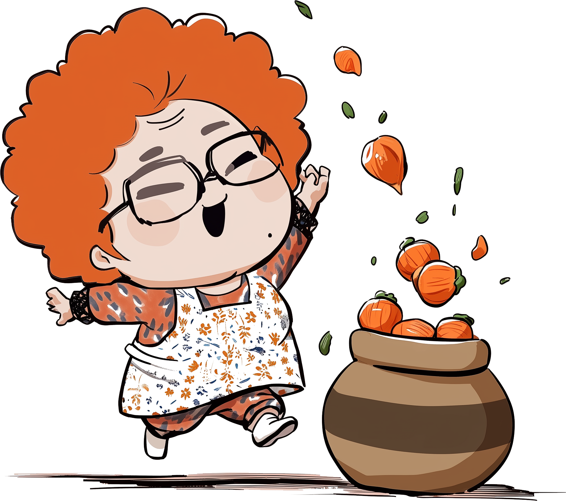 Cartoon character with curly orange hair, glasses, and a floral apron happily tossing pumpkins into a large brown pot.