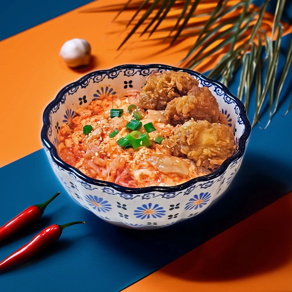 A bowl of Asian-style fried chicken and rice topped with chopped green onions on a colorful table with red chili peppers and a leafy plant in the background.