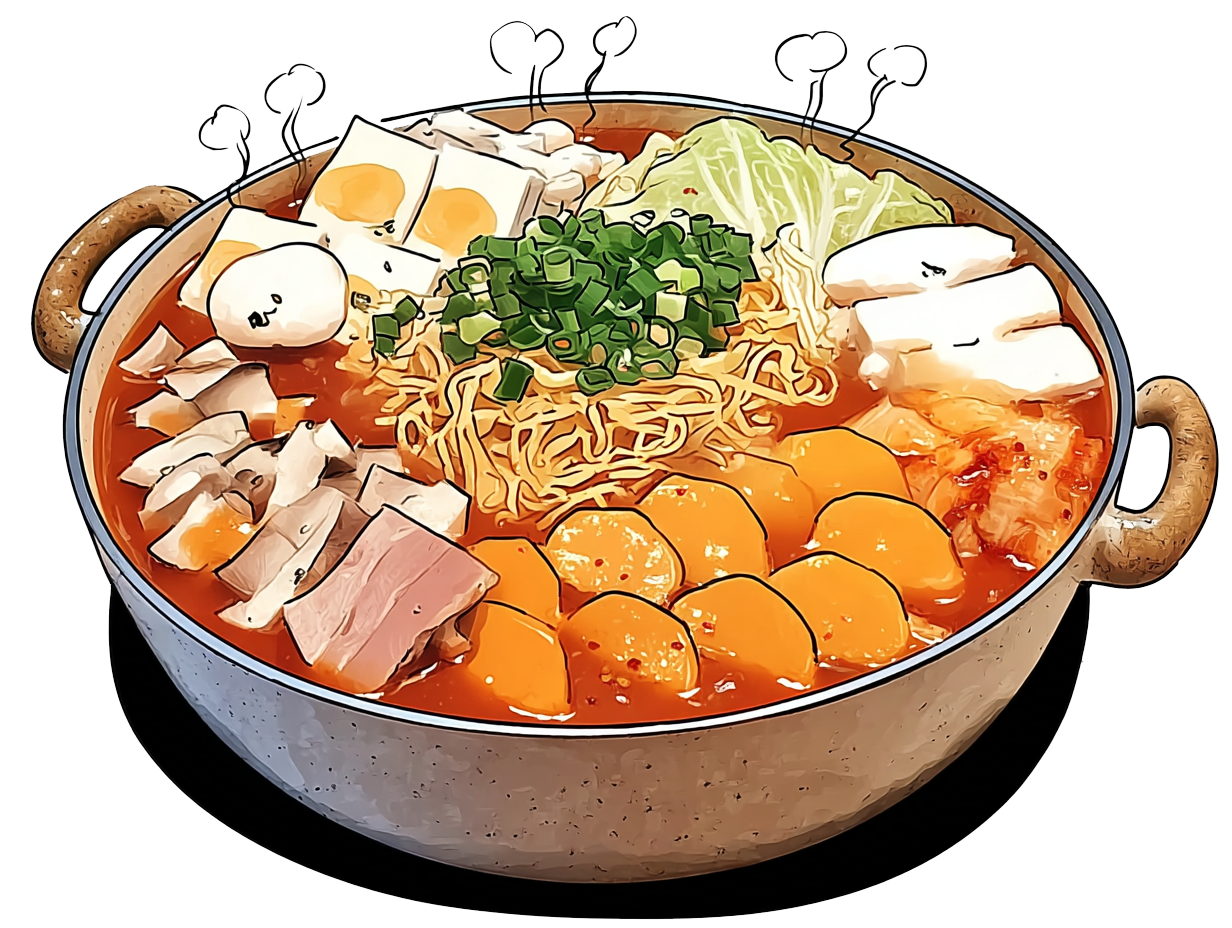 A large pot of spicy Korean-style stew with vegetables, boiled eggs, noodles, and slices of meat, garnished with green onions.