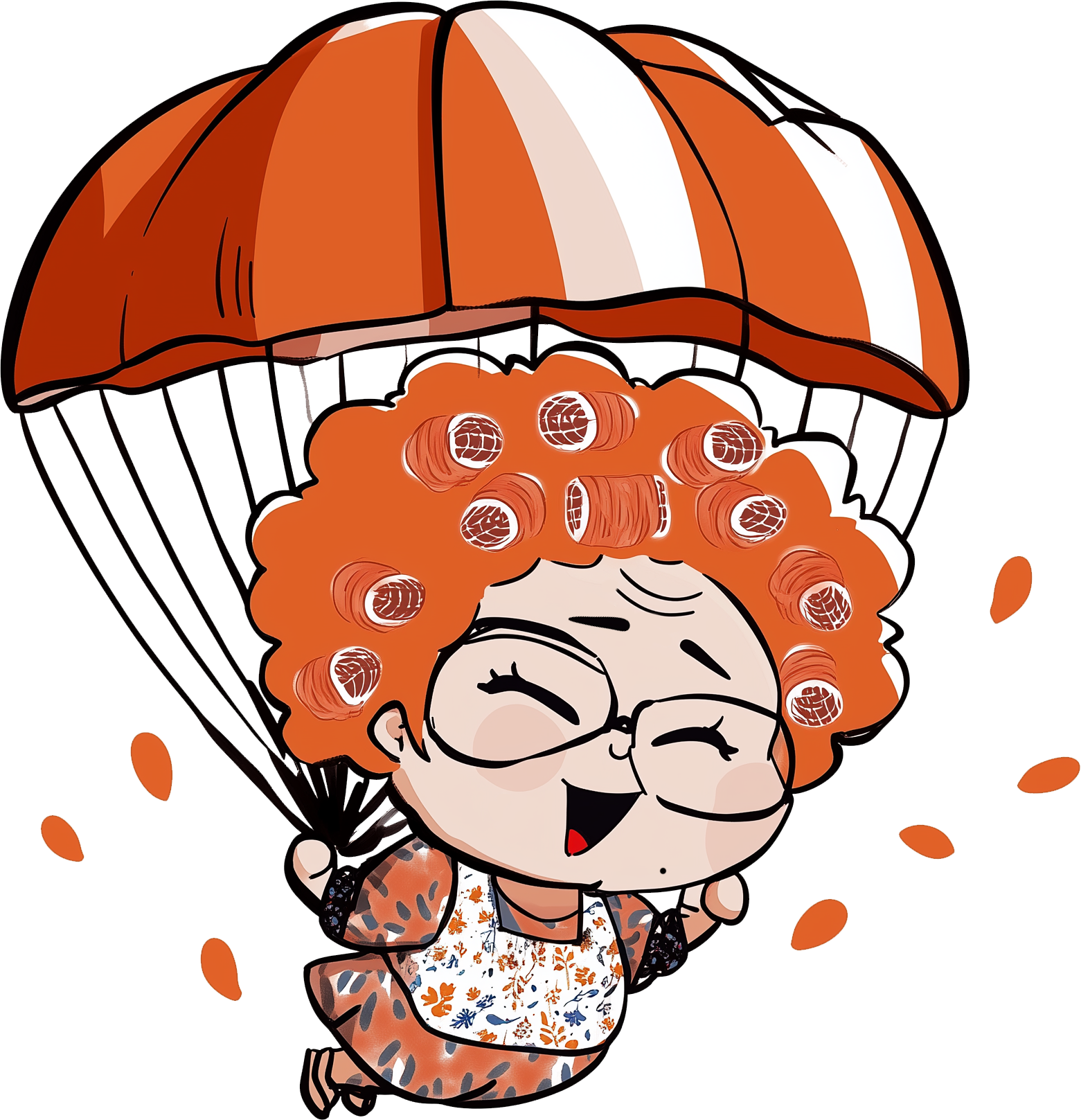 Cartoon character with curly orange hair carrying an orange and white umbrella, wearing glasses, smiling widely, and dressed in a floral top.