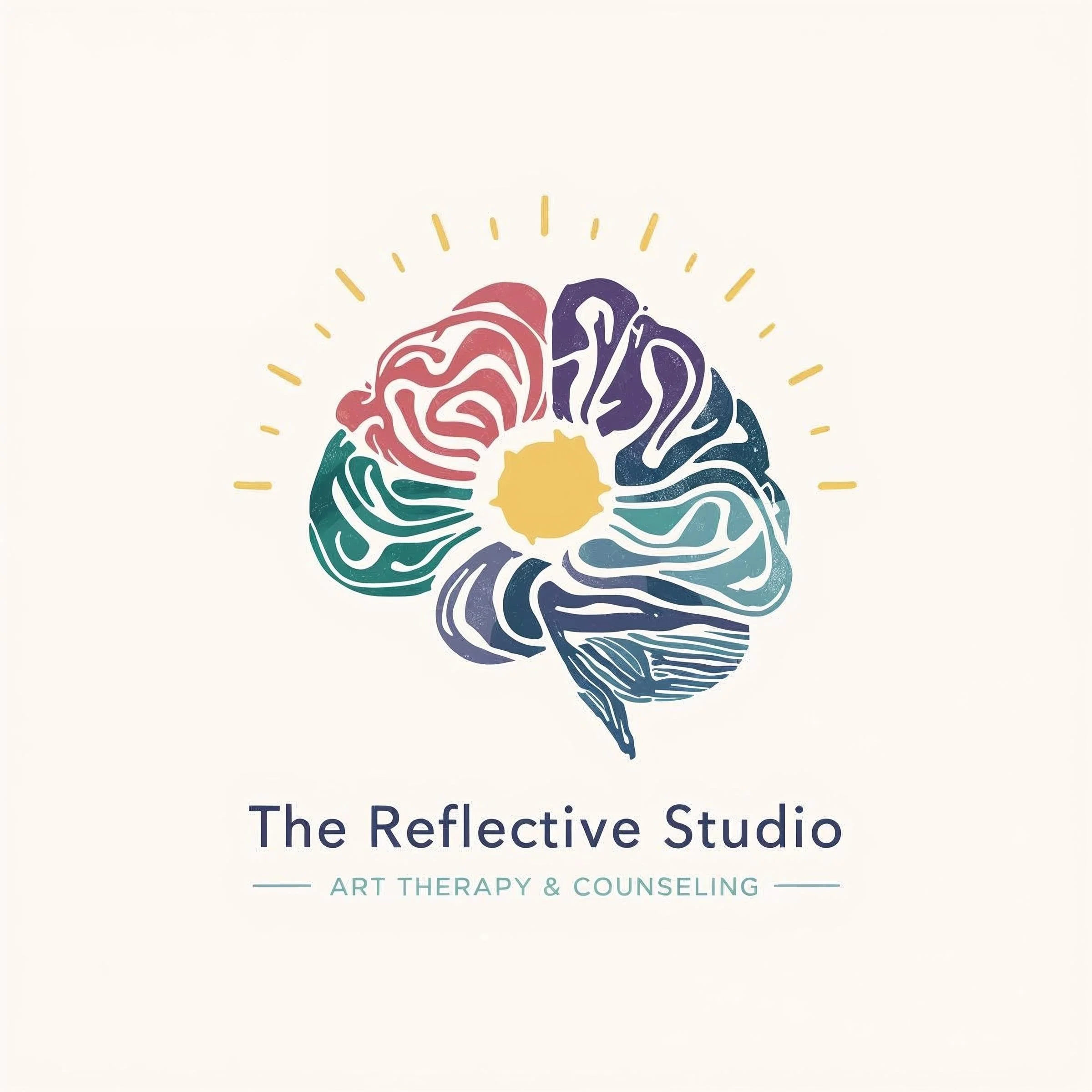Logo for The Reflective Studio featuring a stylized brain with colorful sections and a yellow center, surrounded by yellow lines, with text 'The Reflective Studio ART THERAPY & COUNSELING'.