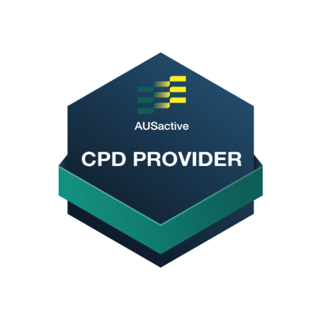 A logo with a hexagon shape, featuring a stylized stack of green and yellow lines above the text 'AUSactive' and 'CPD PROVIDER' in white.