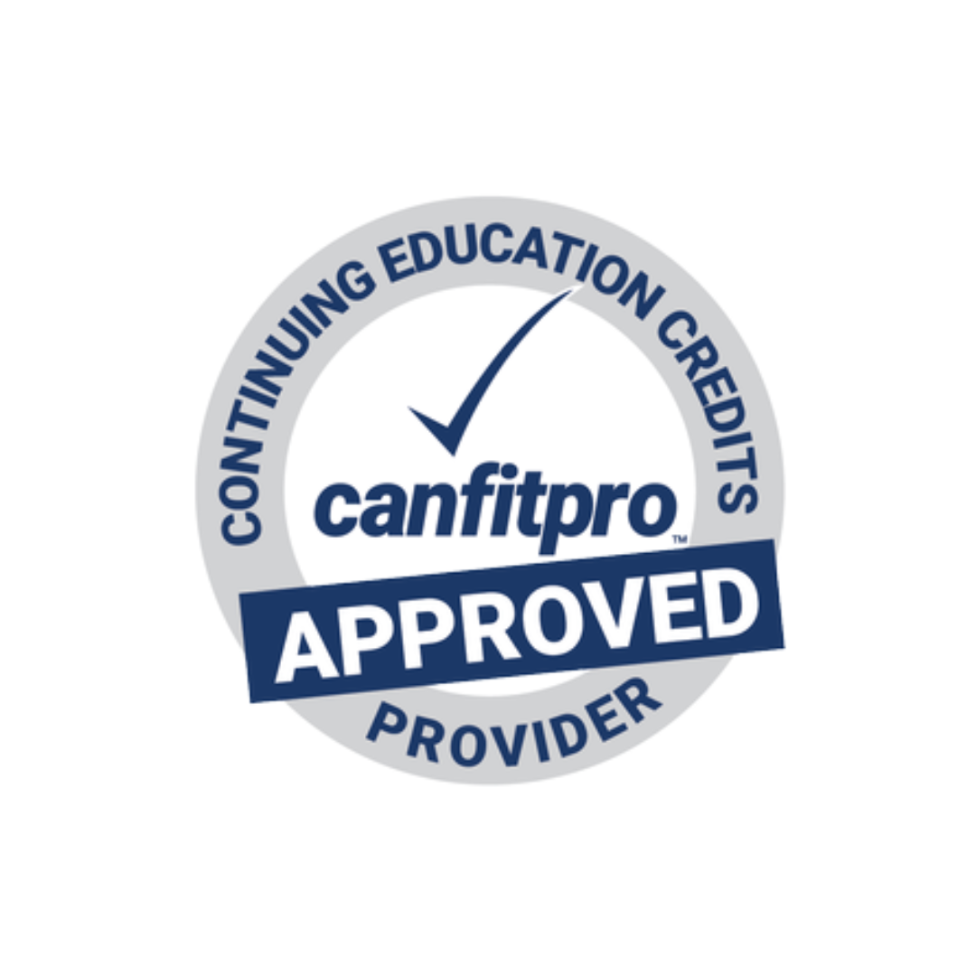 A circular badge indicating approval from CanFitPro with the words 'CON TINUING EDUCATION CREDIT' at the top and 'PROVIDER' at the bottom. The word 'APPROVED' is prominently displayed across the center on a blue banner, with a check mark above the CanFitPro logo.