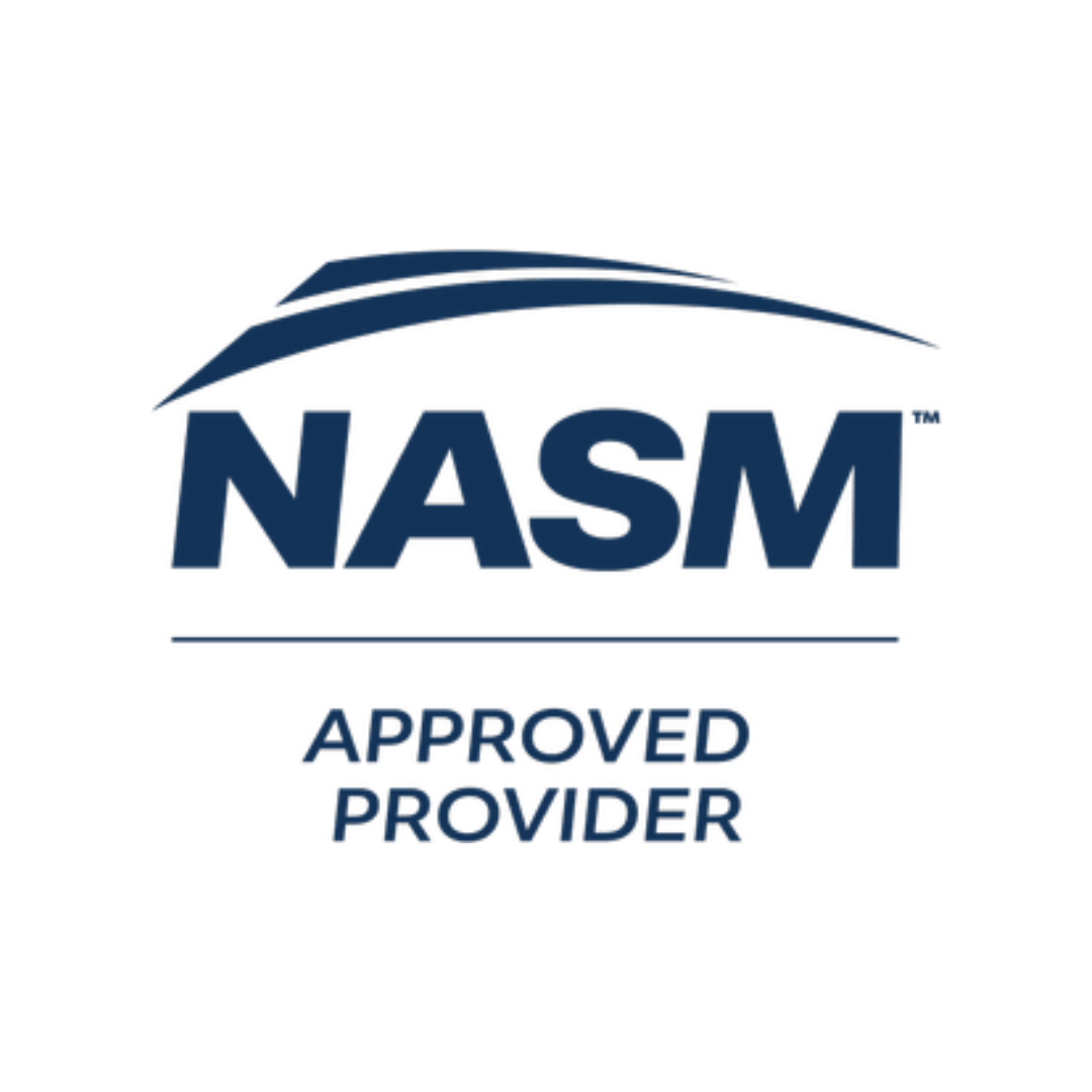 NASM Approved Provider logo in navy blue with stylized swoosh above and beneath the text.