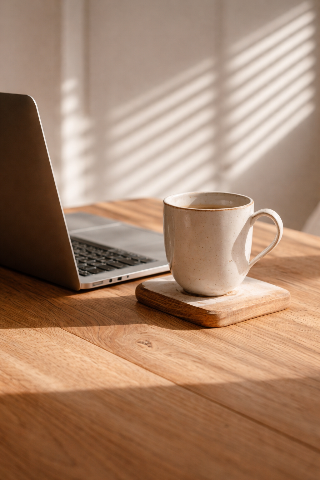 A white ceramic mug on a wooden coaster on a wooden table, with a silver laptop nearby and sunlight creating striped shadows on the wall in the background.