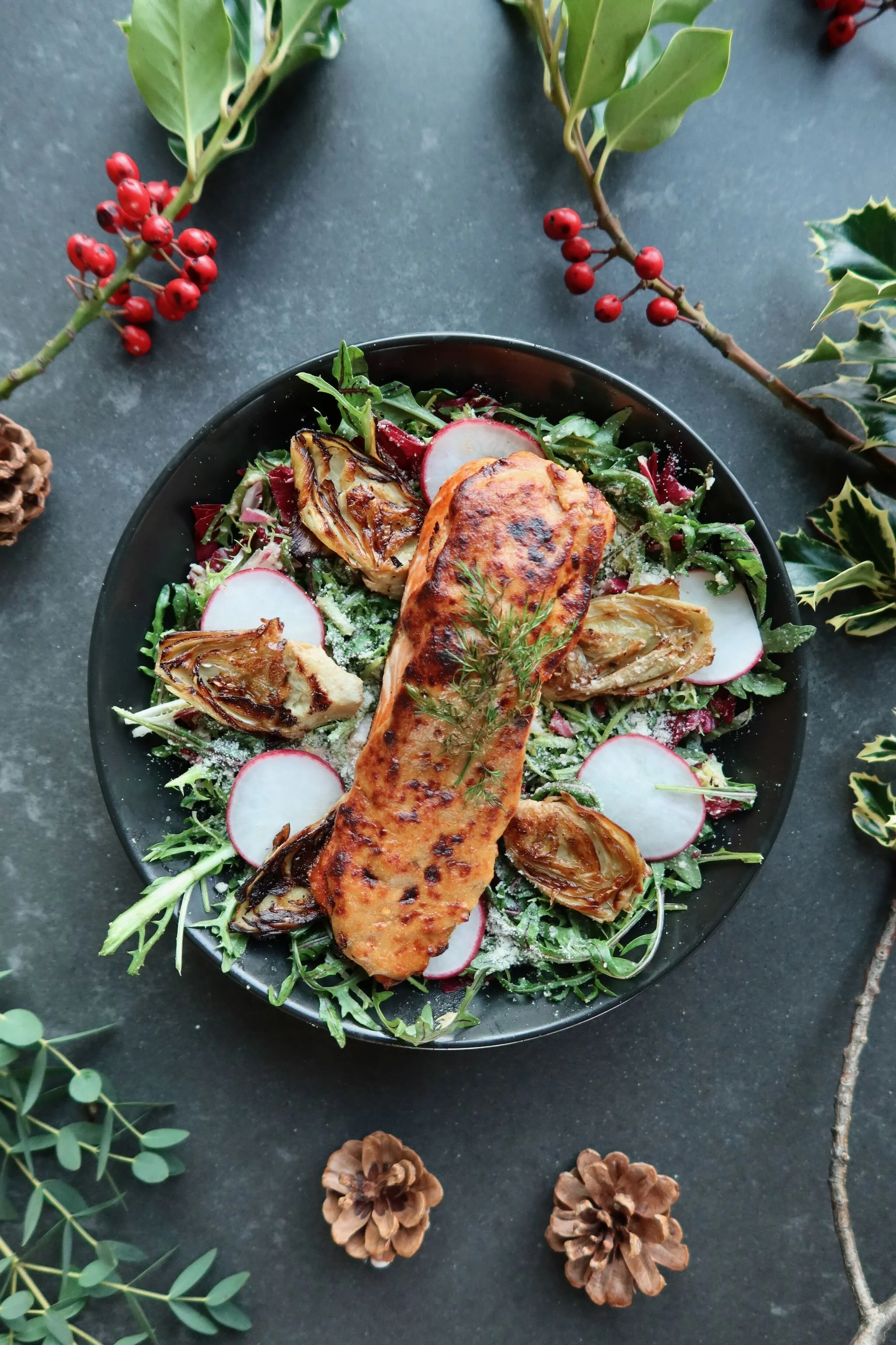 Crispy Artichoke Salad with Tahini-Miso Crusted Salmon