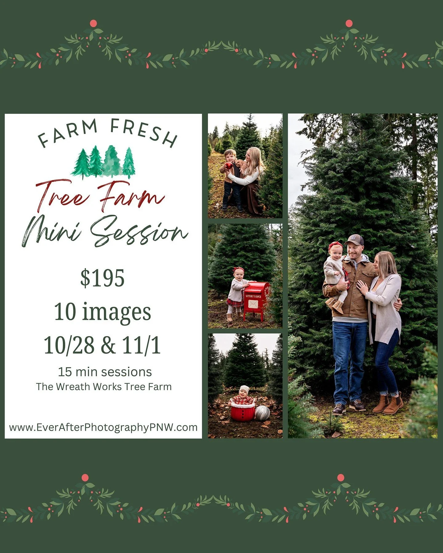 🌲🌲 🌲  Tree Farm Minis are here!🌲 🌲 🌲 
Bring the family, bundle up, and capture that cozy Christmas magic among the trees.

📍The Wreath Works, Port Orchard
☁️ Please note: sessions may be rescheduled due to weather.
🎄 Limited spots available &