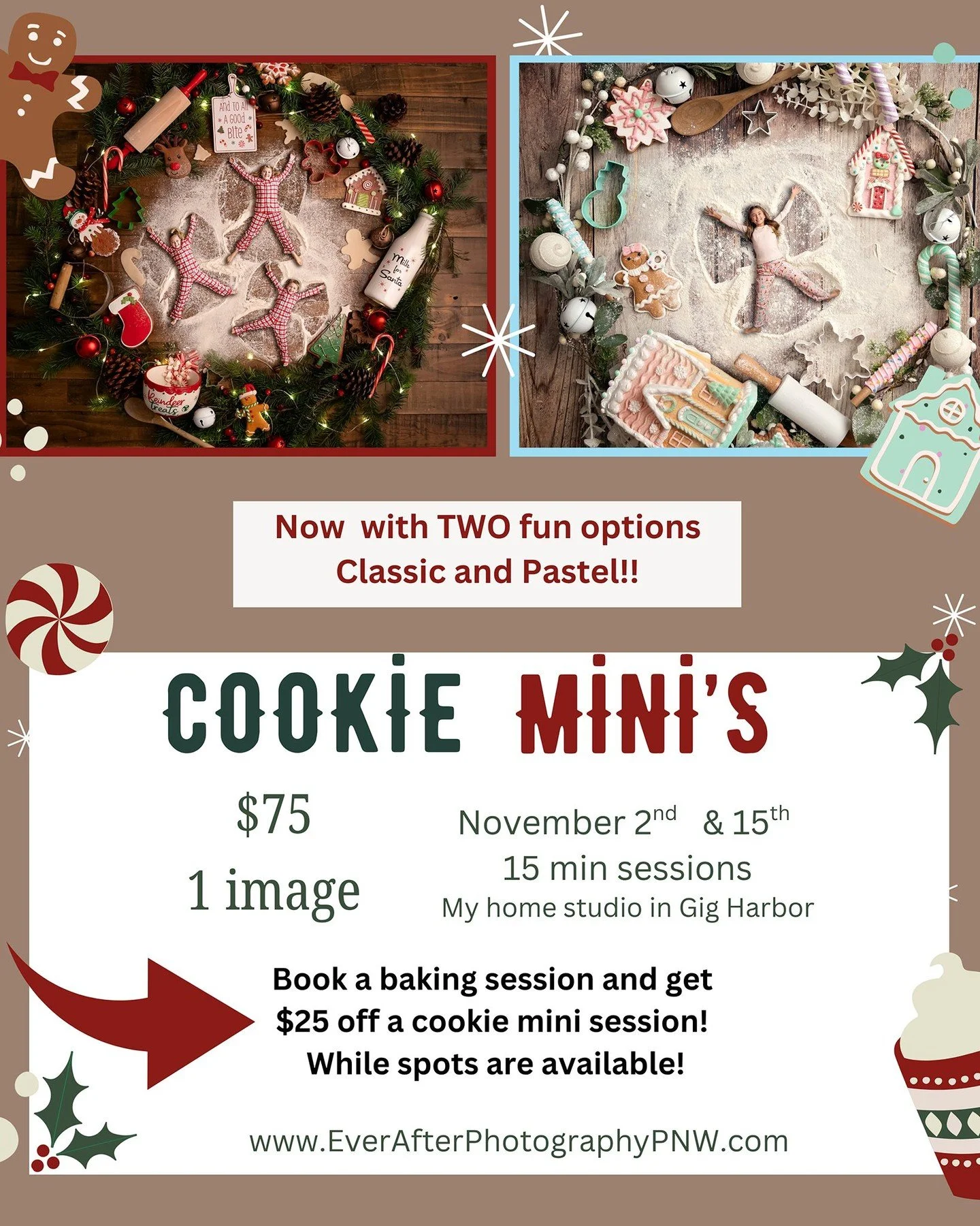 🍪 Cookie Minis
Tiny bakers, big holiday spirit!
These cookie-themed minis are short, sweet, and full of festive fun &mdash; perfect for little ones.
📍Gig Harbor Studio | 🎄 Limited spots available
✨ Link in bio to book your Cookie Mini!
.
EverAfter