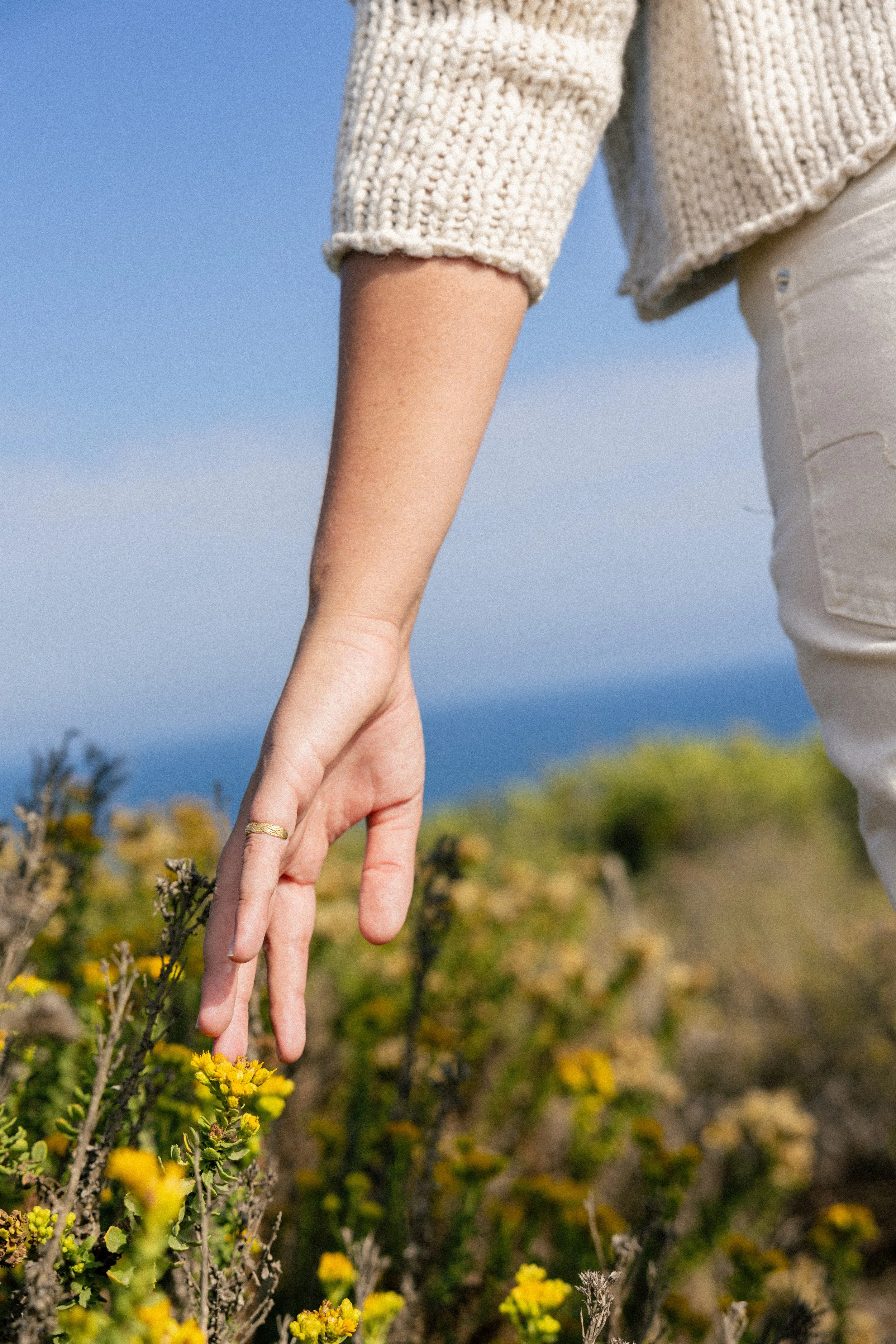 Close-up of a person's hand with a gold ring, gently touching yellow flowers in a field, with a blue sky and ocean in the background.