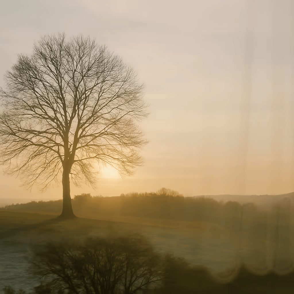 A leafless tree stands near a body of water during sunset or sunrise, with a hazy sky in the background.