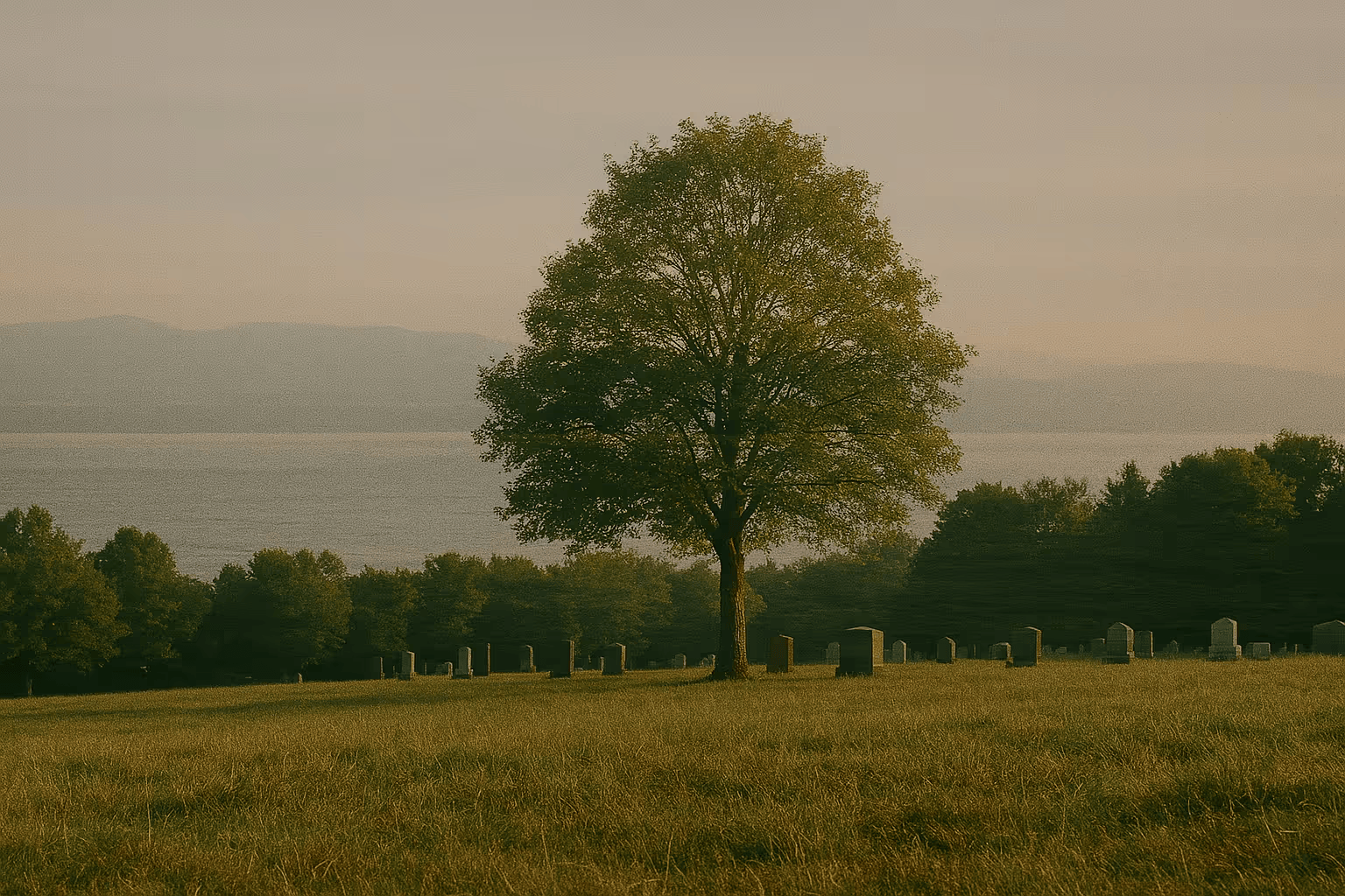 A solitary tree stands in a grassy field with a row of headstones in the background, with a body of water and mountains in the distance during sunset.